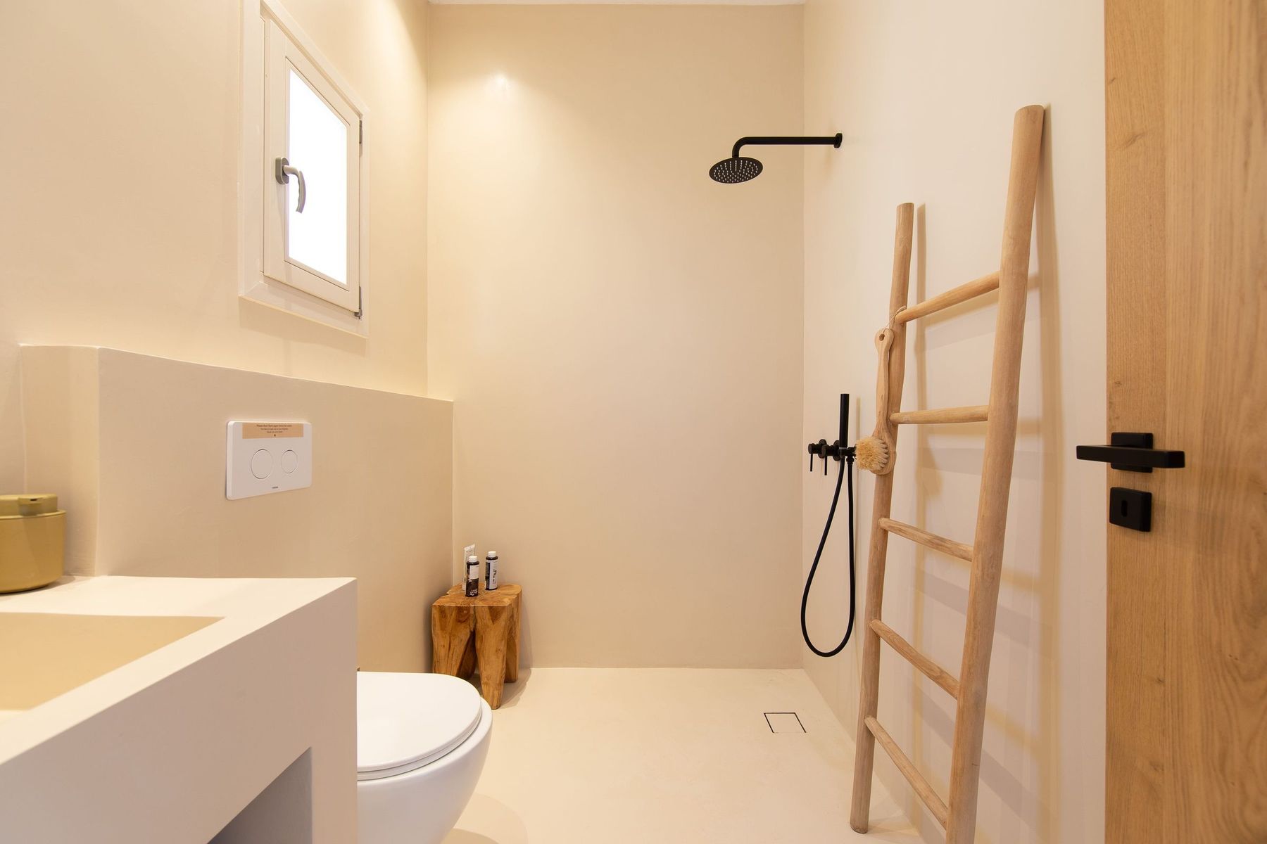 Bathroom with walk-in shower and a wooden ladder