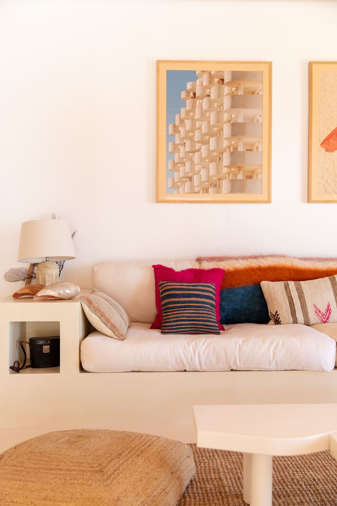Bench seat with embroidered cushions